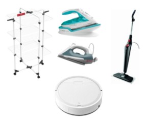 Collection of household appliances. Robot vacuum cleaner, clothes rack, iron, etc.