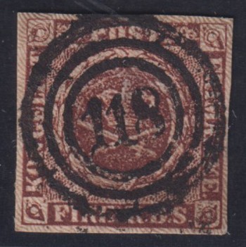 DANMARK. AFA 1IIa. Thiele II, 4 RBS, sortbrun. PRAGT-stemplet eksemplar 118: HEILINGENHAFEN.
