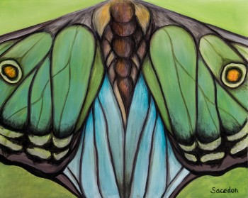 Sacedon, komposition med sommerfugl. Akryl på lærred