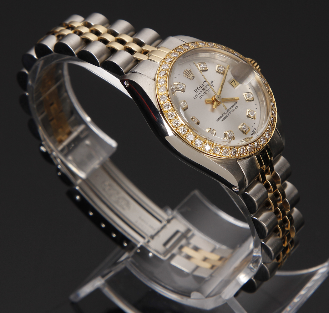 Rolex Oyster Perpetual 18k Customized dame armbåndsur med diamanter | Lauritz.com