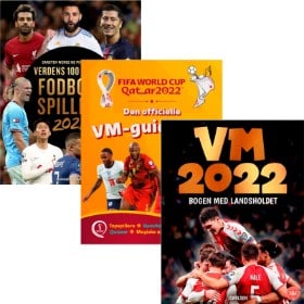 'Verdens 100 bedste fodboldspillere 2022' af Carsten Werge og Per Frimann,  'VM 2022 - Bogen med landsholdet' af Jesper Roos Jacobsen & Ole Sønnichsen og 'FIFA 2022 - Den officielle VM-guidebog' af Kevin Pettman (3)