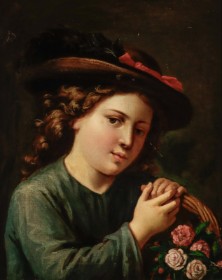 Unknown artist. Portrait of a young girl with a basket of flowers, 19th century