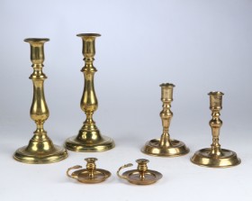 Three pairs of brass candlesticks, England, Denmark, Sweden, 19th century (6)