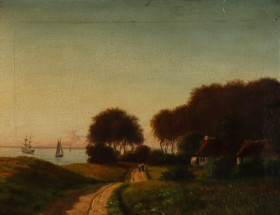 Unknown artist. Scenery with houses near a coast