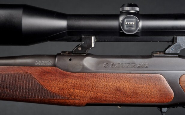 Jagtriffel Sauer 202 Classic kal. 9,3x62 med Zeiss Diavari 2,5x10-48 m/skinne og sigte 4 samt ekstra 5 skuds magasin.