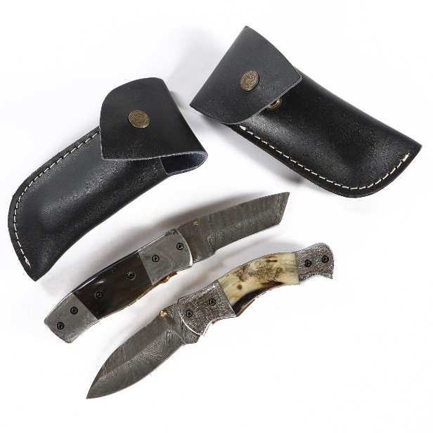 Two folding knives with Damascus steel blades and horn handles. (2)