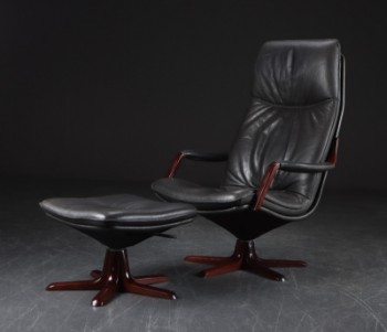 Loungestol / lænestol med skammel, sort læder (2)