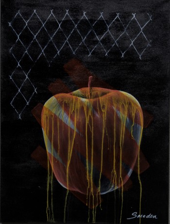 Sacedon, komposition med æble. Akryl på lærred