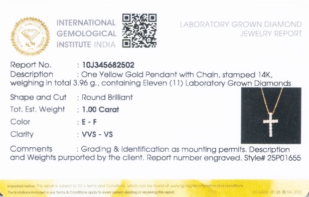 Cross pendant with lab-created diamonds, approx. 1.00 ct, with 14 kt necklace